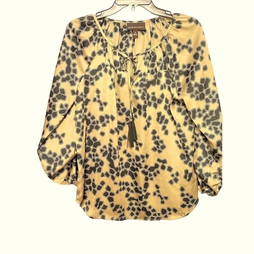 Dana Buchman Black & Tan Scoop Neck‎ Tie Blouse Tab Sleeves Women's Size Medium